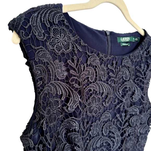 Lauren Ralph Lauren Evening Dress Lighthouse Navy Floral Lace Overlay Sz 8 - Picture 5 of 8